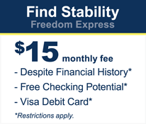 Freedom express checking account. $15 monthly fee despite financial history. 