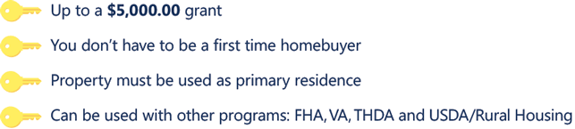 Up to a $5,000 grant, Don't have to be a first time homebuyer, property must be used as primary residence, can be used with FHA,VA, THDA and USDA/Rural Housing.