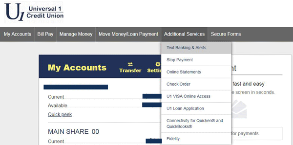U1 Credit Union Online Banking text alerts