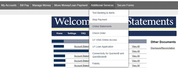 Universal 1 Online Banking statements under additional services tab