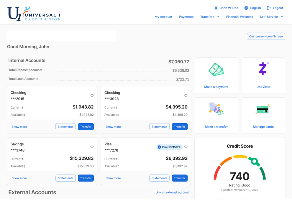 Universal 1 New Online Banking Dashboard