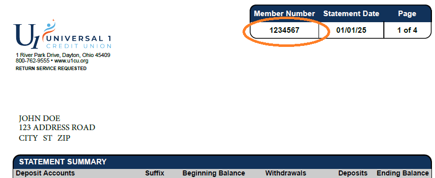 Universal 1 Statement Member Number